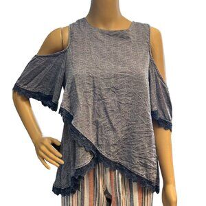 (5 for‎ $25) Altar'd State Asymmetrical Cold Shoulder Blouse in Chambray-Medium